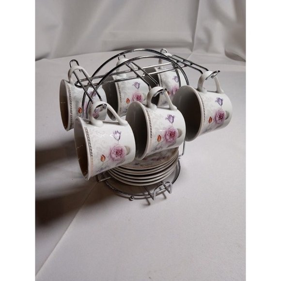 Lorren Home Trends Coffee Collection Mini Cup and Plate Set w/Rack - Picture 1 of 6